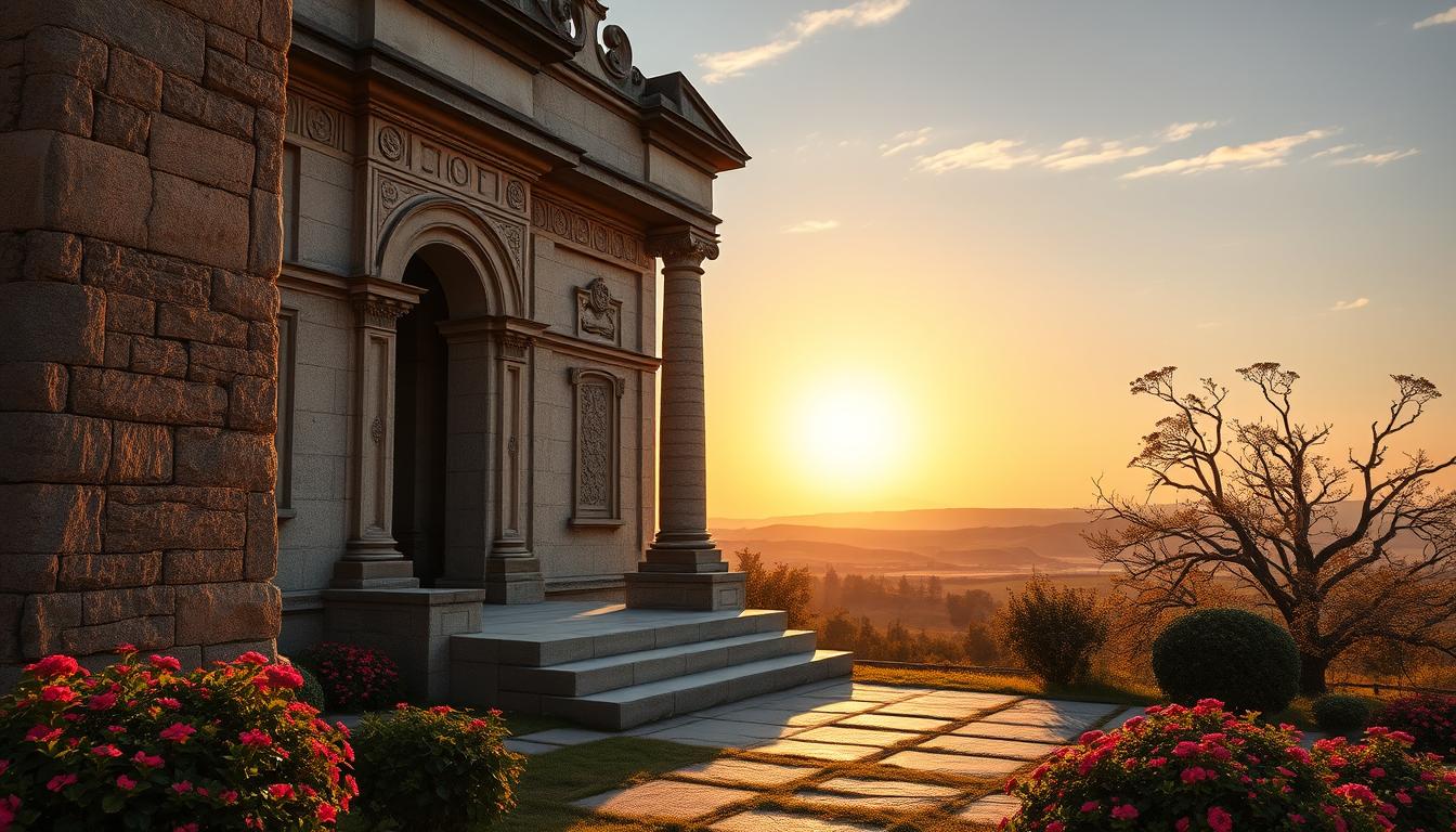 Un monument maiestuos din piatră se ridică cu mândrie, fațada sa deteriorată fiind o mărturie a trecerii timpului. Sculpturile complicate și detaliile arhitecturale împodobesc structura, aruncând umbre dramatice în lumina caldă și aurie a soarelui apus. Primul plan este presărat cu grădini îngrijite cu grijă, nuanțele lor vibrante adăugând o notă de frumusețe naturală scenei. În fundal, se desfășoară un peisaj senin, cu dealuri ondulate și un cer fără nori creând o atmosferă liniștită și contemplativă. Această imagine surprinde esența conservării monumentelor, unde echilibrul dintre conservarea științifică și aprecierea artistică este frumos realizat.