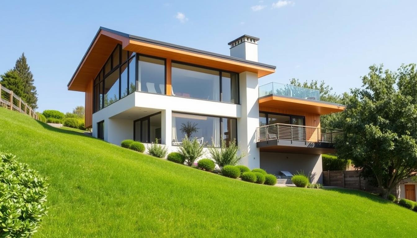 A modern two-story house nestled on a gentle slope, its clean lines and warm wooden accents harmonizing with the surrounding natural landscape. The front facade features large windows that bathe the interior in natural light, while a covered porch and balcony offer inviting outdoor living spaces. The home's orientation takes full advantage of the sloping terrain, with a partial lower level seamlessly integrated into the hillside. Lush, well-manicured greenery frames the property, creating a serene and picturesque setting. A harmonious blend of contemporary design and environmentally conscious considerations, this hillside home exemplifies elegant and functional living. A modern two-story house nestled on a gentle slope, its clean lines and warm wooden accents harmonizing with the surrounding natural landscape. The front facade features large windows that bathe the interior in natural light, while a covered porch and balcony offer inviting outdoor living spaces. The home's orientation takes full advantage of the sloping terrain, with a partial lower level seamlessly integrated into the hillside. Lush, well-manicured greenery frames the property, creating a serene and picturesque setting. A harmonious blend of contemporary design and environmentally conscious considerations, this hillside home exemplifies elegant and functional living.