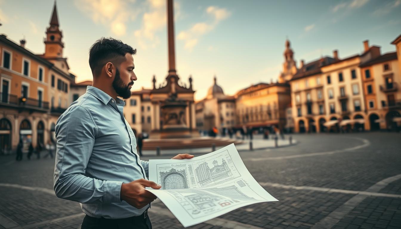 Un arhitect profesionist care stă într-o piață istorică a orașului, studiind planurile și schițele unui monument măreț. Primul plan prezintă privirea concentrată a arhitectului și mâinile care țin documentele, partea de mijloc prezintă detaliile arhitecturale complicate ale monumentului care este restaurat, iar fundalul înfățișează un peisaj urban pitoresc cu străzi pietruite și clădiri vechi din piatră. Iluminarea moale și caldă luminează scena, creând o atmosferă contemplativă și reverentă, în timp ce arhitectul contemplă cele mai bune modalități de conservare a moștenirii culturale. Capturat cu un obiectiv cu unghi larg pentru a sublinia scara și măreția monumentului.