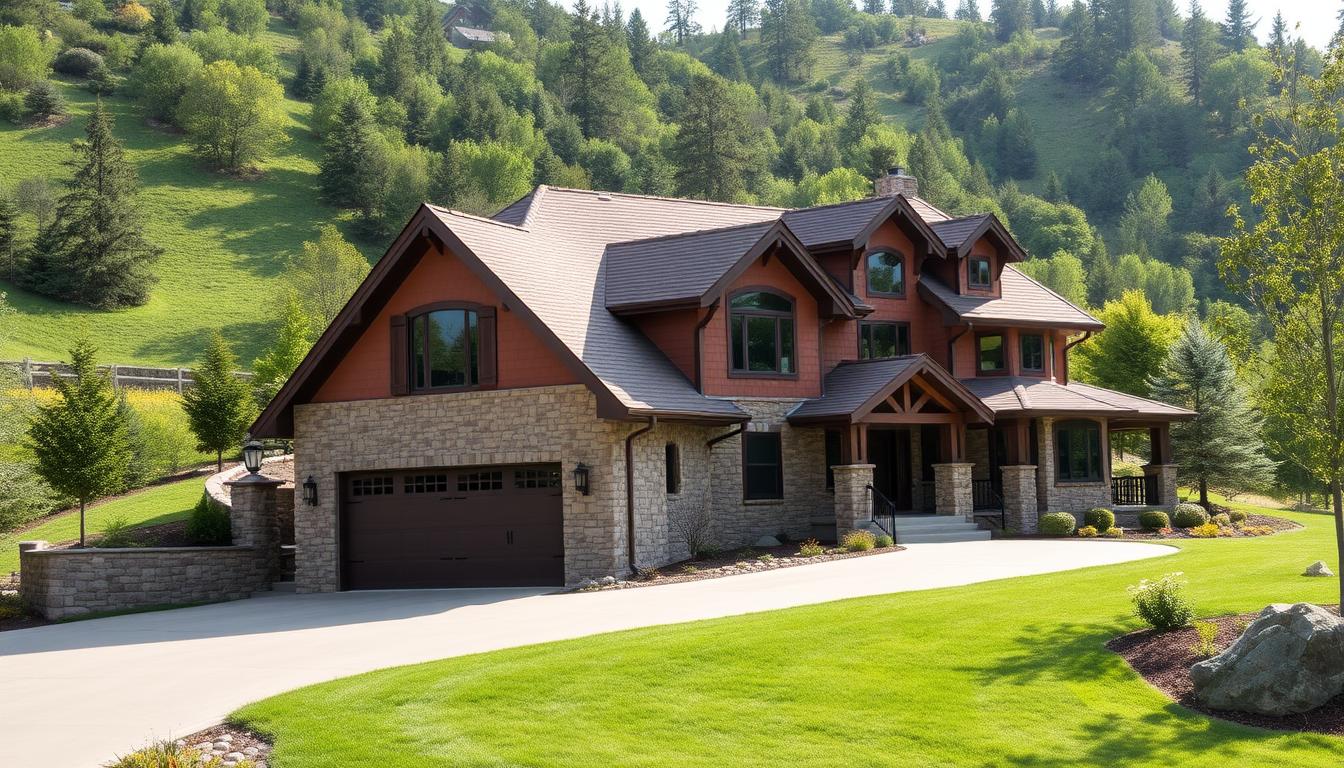 A stately two-story house nestled into a lush, sloping hillside, its gabled roof and warm stone facade blending seamlessly with the natural landscape. The ground floor features a spacious garage integrated into the home's design, its recessed entrance creating a sense of depth and architectural interest. Large windows flank the garage, allowing ample natural light to flood the interior. The upper level is adorned with elegant dormers, their pitched roofs echoing the primary structure. The home is bathed in soft, diffused lighting, casting gentle shadows that accentuate the home's charming details. An air of rustic sophistication permeates the scene, inviting the viewer to envision the comfortable, well-appointed living spaces within. A stately two-story house nestled into a lush, sloping hillside, its gabled roof and warm stone facade blending seamlessly with the natural landscape. The ground floor features a spacious garage integrated into the home's design, its recessed entrance creating a sense of depth and architectural interest. Large windows flank the garage, allowing ample natural light to flood the interior. The upper level is adorned with elegant dormers, their pitched roofs echoing the primary structure. The home is bathed in soft, diffused lighting, casting gentle shadows that accentuate the home's charming details. An air of rustic sophistication permeates the scene, inviting the viewer to envision the comfortable, well-appointed living spaces within.