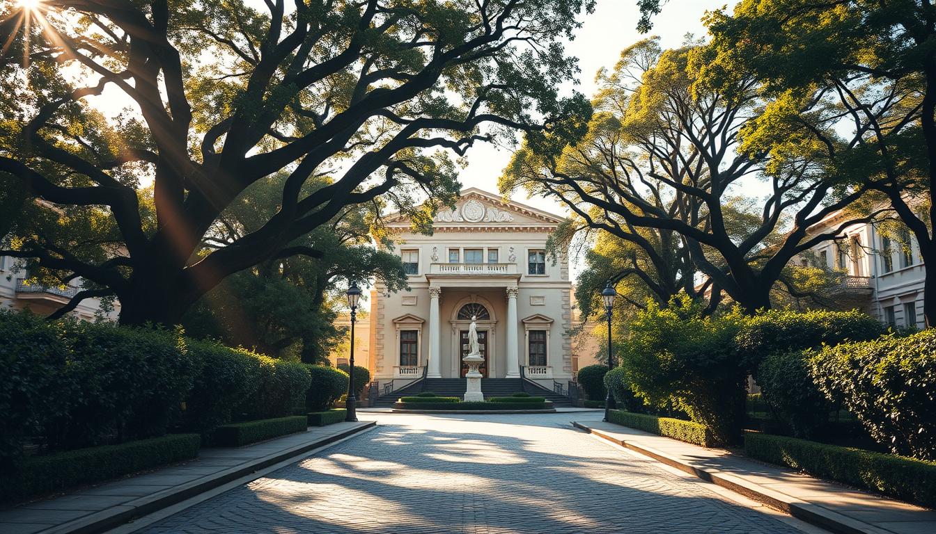 capodoperă arhitecturală complexă, amplasată într-un peisaj urban protejat. Un monument neoclasic grandios stă cu mândrie, fațada sa ornamentată aruncând umbre lungi pe străzile pietruite. Verdele luxuriantă încadrează scena, cu stejari falnici și garduri vii îngrijite care creează un sentiment de eleganță atemporală. Lumina caldă, aurie, se filtrează prin aer, luminând detaliile complexe ale structurii. Camera surprinde această integrare armonioasă a conservării istorice și a designului urban modern, arătând mâna pricepută a arhitectului în respectarea mediului înconjurător, ridicând în același timp monumentul emblematic la locul său de drept în comunitate.