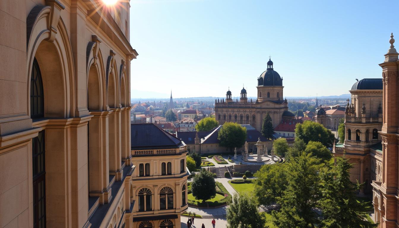 Arhitectură vibrantă, monumente istorice restaurate cu meticulozitate, care împodobesc un peisaj captivant. Lumina soarelui se filtrează prin fațadele ornamentate, aruncând umbre complicate asupra pietrei învechite. Arcurile elegante și detaliile complicate evocă un sentiment de grandoare atemporală. În prim plan, un reper bine păstrat, cu fațada strălucind din grija unor conservatori pricepuți. Calea de mijloc dezvăluie un peisaj urban cu structuri de patrimoniu protejate, siluetele lor unice pe un cer albastru limpede. Fundalul prezintă grădini înverzite și verdeață luxuriantă, creând un echilibru armonios între natură și arhitectură. Această scenă exemplifică abordarea românească de a-și conserva comorile arhitecturale, o mărturie a bogatei moșteniri culturale a țării.