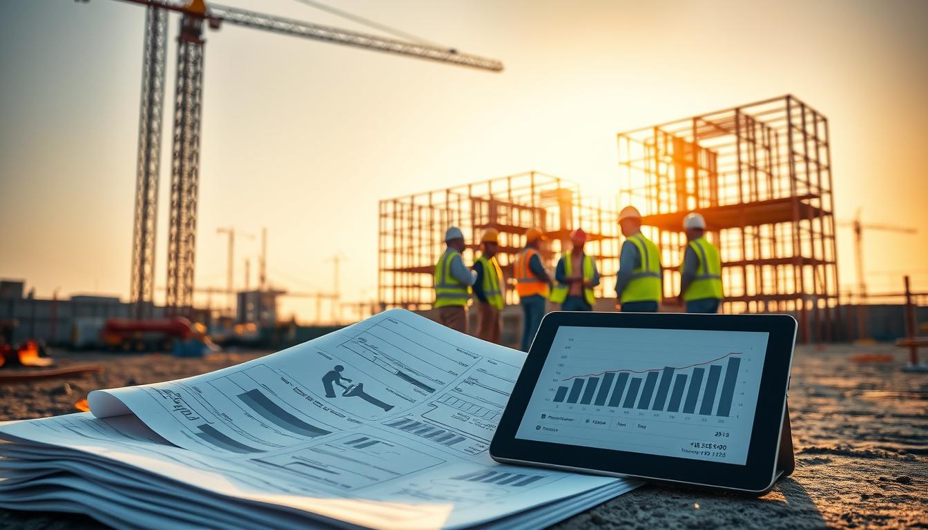 A bustling construction site with a towering crane casting long shadows on the ground. In the foreground, a stack of blueprints and a tablet displaying cost estimates. The middle ground features a group of construction workers in high-visibility vests, deep in discussion. In the background, a partially constructed building rises up, its framework illuminated by warm, golden light. The scene conveys the complex factors that influence the cost of a construction permit, from planning and materials to labor and regulations. A bustling construction site with a towering crane casting long shadows on the ground. In the foreground, a stack of blueprints and a tablet displaying cost estimates. The middle ground features a group of construction workers in high-visibility vests, deep in discussion. In the background, a partially constructed building rises up, its framework illuminated by warm, golden light. The scene conveys the complex factors that influence the cost of a construction permit, from planning and materials to labor and regulations.