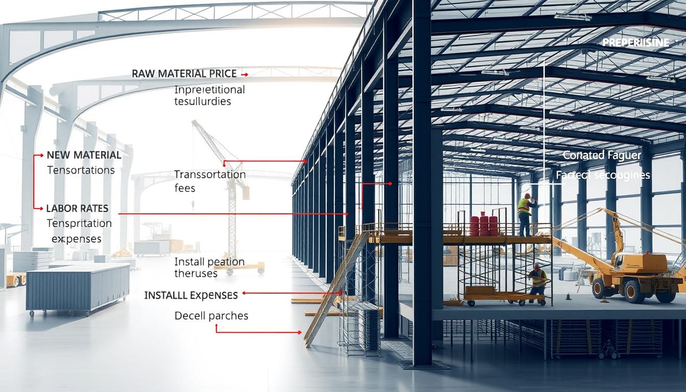 A detailed illustration of the key factors influencing the cost of a metal building project. In the foreground, various cost components are prominently displayed, such as raw material prices, labor rates, transportation fees, and installation expenses. The middle ground showcases the construction process, with cranes, scaffolding, and workers bringing the structure to life. In the background, a clean, minimalist factory setting provides context, emphasizing the industrial nature of the subject. The lighting is soft and diffused, creating a sense of depth and dimension. The overall composition aims to provide a comprehensive, visually engaging representation of the economic factors shaping the cost of a metal building project. A detailed illustration of the key factors influencing the cost of a metal building project. In the foreground, various cost components are prominently displayed, such as raw material prices, labor rates, transportation fees, and installation expenses. The middle ground showcases the construction process, with cranes, scaffolding, and workers bringing the structure to life. In the background, a clean, minimalist factory setting provides context, emphasizing the industrial nature of the subject. The lighting is soft and diffused, creating a sense of depth and dimension. The overall composition aims to provide a comprehensive, visually engaging representation of the economic factors shaping the cost of a metal building project.