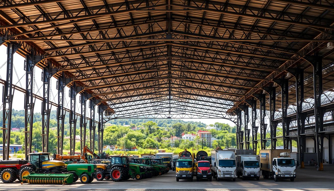 A large industrial metal structure stands prominently, its intricate lattice of beams and girders casting dynamic shadows across the scene. In the foreground, an assortment of farming equipment and commercial vehicles are neatly arranged, showcasing the versatile applications of this sturdy, modular design. The lighting is crisp and directional, highlighting the sleek, utilitarian aesthetic of the structure. The background features a blend of lush greenery and urban elements, creating a harmonious interplay between the industrial and natural environments. The overall atmosphere conveys a sense of efficiency, durability and adaptability - key attributes of this type of metal construction for various industrial, agricultural and commercial uses. A large industrial metal structure stands prominently, its intricate lattice of beams and girders casting dynamic shadows across the scene. In the foreground, an assortment of farming equipment and commercial vehicles are neatly arranged, showcasing the versatile applications of this sturdy, modular design. The lighting is crisp and directional, highlighting the sleek, utilitarian aesthetic of the structure. The background features a blend of lush greenery and urban elements, creating a harmonious interplay between the industrial and natural environments. The overall atmosphere conveys a sense of efficiency, durability and adaptability - key attributes of this type of metal construction for various industrial, agricultural and commercial uses.