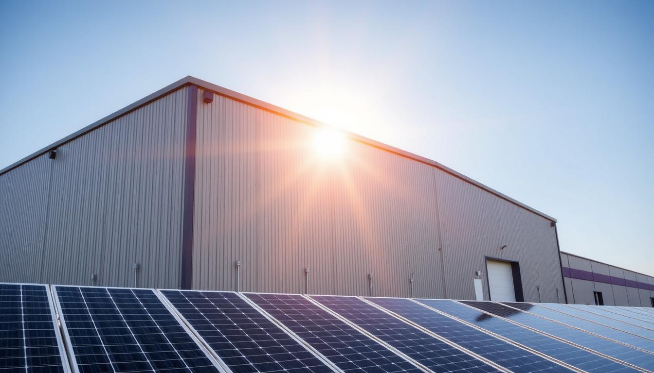 A large, modern metal warehouse stands proud against a clear, azure sky. Sunlight streams through the overhead windows, casting a warm glow over the sleek, insulated panels that make up the exterior. In the foreground, a row of solar panels stretch across the rooftop, harnessing the sun's energy to power the facility's operations. The design emphasizes sustainability, with strategically placed vents and windows optimizing airflow and natural lighting to minimize energy consumption. The overall impression is one of efficiency, innovation, and environmental responsibility - a testament to the latest advancements in metal building construction. A large, modern metal warehouse stands proud against a clear, azure sky. Sunlight streams through the overhead windows, casting a warm glow over the sleek, insulated panels that make up the exterior. In the foreground, a row of solar panels stretch across the rooftop, harnessing the sun's energy to power the facility's operations. The design emphasizes sustainability, with strategically placed vents and windows optimizing airflow and natural lighting to minimize energy consumption. The overall impression is one of efficiency, innovation, and environmental responsibility - a testament to the latest advancements in metal building construction.