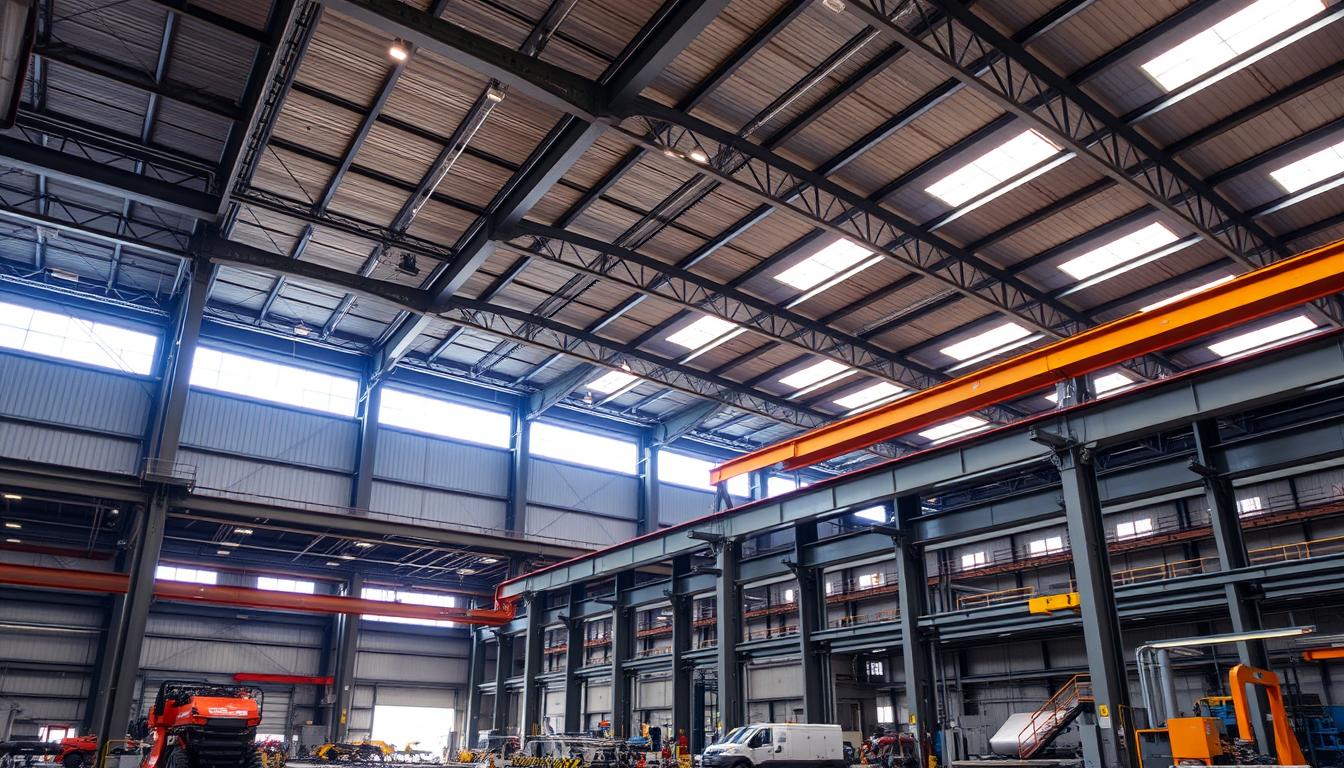 A large, well-lit industrial warehouse with a high ceiling and ample natural light streaming through the windows. The structure is made of sturdy, gleaming steel beams and panels, reflecting the quality and attention to detail in its construction. In the foreground, the smooth, seamless workflow of machinery and workers can be seen, highlighting the efficiency and safety of the operation. The overall atmosphere conveys a sense of modern, state-of-the-art industrial design, where form and function effortlessly coexist.