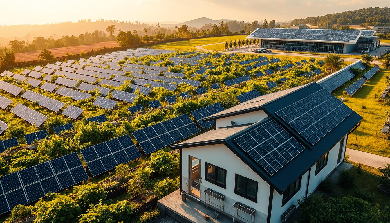 A lush solar farm nestled in a verdant landscape, with rows of sleek, black photovoltaic panels capturing the sun's abundant rays. The panels are arranged in a harmonious grid, their surfaces gleaming under the warm, golden sunlight that filters through wispy clouds. In the foreground, a modern residential home stands, its rooftop adorned with a neatly integrated solar array, blending seamlessly with the architectural design. In the distance, a commercial building showcases a large-scale solar installation, its panels strategically placed to maximize energy production. The scene conveys a sense of clean, renewable energy powering the diverse needs of both domestic and industrial settings, creating a sustainable and self-sufficient future.