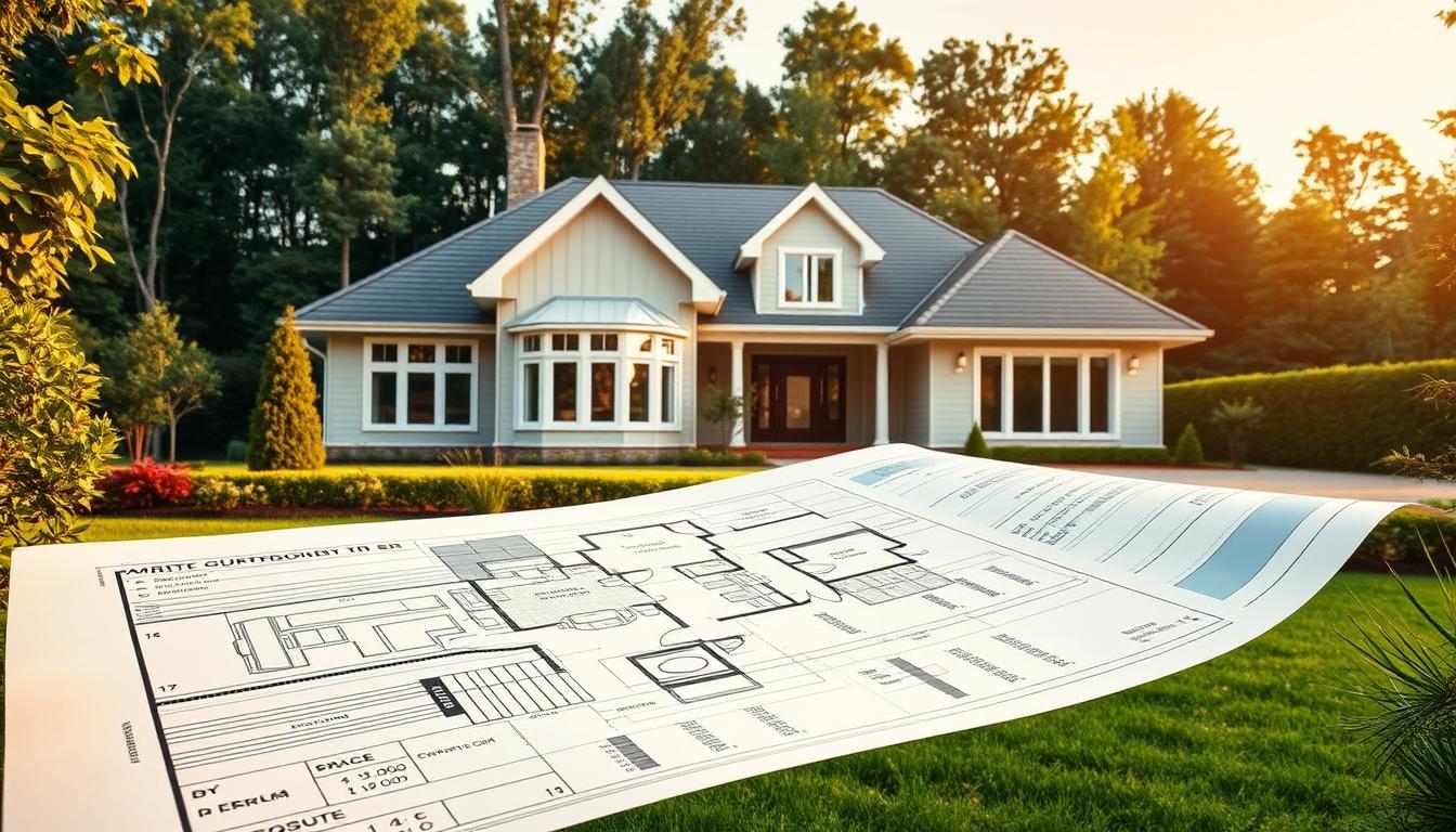 A modern house surrounded by a lush, manicured garden, with a clear view of the facade and roofline. The home features a blend of traditional and contemporary design elements, including large windows, a prominent entryway, and a well-thought-out layout. In the foreground, a blueprint or construction plan is visible, showcasing the technical details and cost breakdowns involved in the project. Warm, directional lighting accentuates the textures and materials used, creating a sense of depth and atmosphere. The overall scene conveys a balance of professionalism, attention to detail, and the investment required to bring this house project to life.