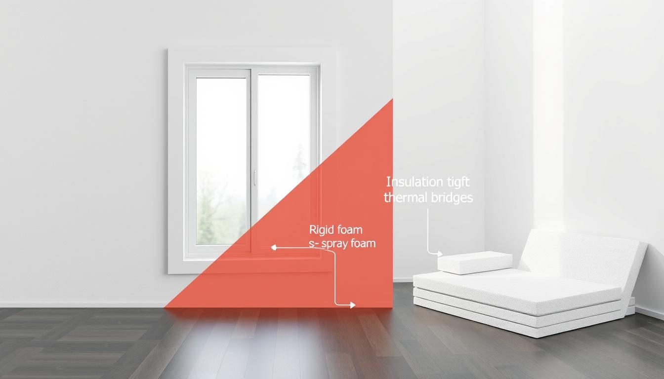 A modern, minimalist interior showcasing the reduction of thermal bridges through the strategic use of insulation materials. The foreground depicts a clean-lined, energy-efficient window frame seamlessly integrated with the surrounding wall assembly, highlighting the effective use of high-performance insulation to minimize heat transfer. The middle ground features various insulation products, such as rigid foam panels and spray foam, each carefully placed to demonstrate how they can be applied to eliminate thermal bridges in walls, floors, and roofs. The background setting evokes a serene, natural ambiance, with muted lighting reflecting the energy-efficient design principles. The overall composition conveys a sense of architectural sophistication and sustainable construction techniques. A modern, minimalist interior showcasing the reduction of thermal bridges through the strategic use of insulation materials. The foreground depicts a clean-lined, energy-efficient window frame seamlessly integrated with the surrounding wall assembly, highlighting the effective use of high-performance insulation to minimize heat transfer. The middle ground features various insulation products, such as rigid foam panels and spray foam, each carefully placed to demonstrate how they can be applied to eliminate thermal bridges in walls, floors, and roofs. The background setting evokes a serene, natural ambiance, with muted lighting reflecting the energy-efficient design principles. The overall composition conveys a sense of architectural sophistication and sustainable construction techniques.