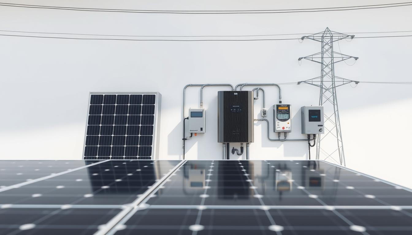 A photovoltaic system installation, showcasing its essential components in a clean, technical illustration. Foreground depicts the solar panels, their sleek black surfaces capturing sunlight. Midground features the inverter, converter, and metering devices, their metallic enclosures and digital displays. Background shows the electrical grid connection, power lines, and supporting infrastructure, all set against a softly blurred, minimalist backdrop. Emphasize the efficient, integrated design with precise, engineering-inspired lighting and perspective. Convey a sense of modern, sustainable energy generation accessible to the average household.
