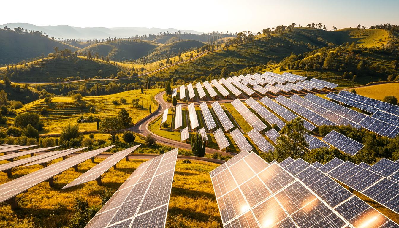 A picturesque solar farm nestled in a lush, verdant landscape. In the foreground, sleek solar panels stand tall, their surfaces gleaming in the warm, golden sunlight. The middle ground features winding access roads and neat rows of photovoltaic arrays, their geometric patterns creating a visually striking composition. In the background, rolling hills dotted with wispy trees frame the scene, conveying a sense of tranquility and harmony. The lighting is softly diffused, casting gentle shadows and highlighting the clean, modern design of the solar panels. The overall mood is one of clean, renewable energy, seamlessly integrated into the natural environment.