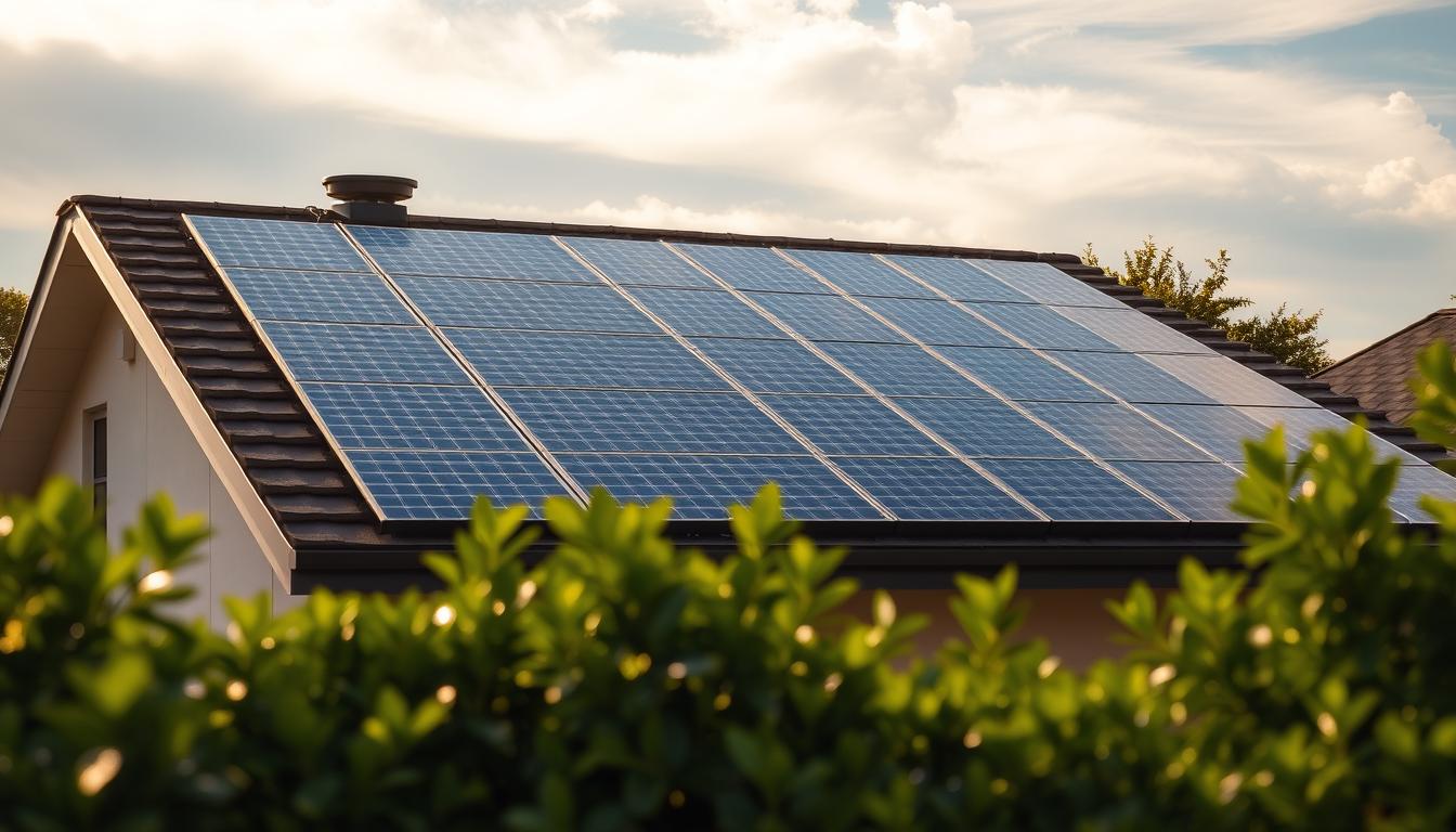 A solar array of sleek, modern panels adorns the rooftop of a contemporary residential home, casting a warm, golden glow across the scene. The panels are precisely arranged, their edges flush, creating a seamless, custom-tailored appearance. In the foreground, lush greenery frames the setup, suggesting a harmonious integration with the surrounding landscape. Warm afternoon sunlight filters through wispy clouds, casting dynamic shadows and highlights across the installation. The overall impression is one of efficiency, sophistication, and a commitment to renewable energy solutions tailored to the unique needs of the homeowner.