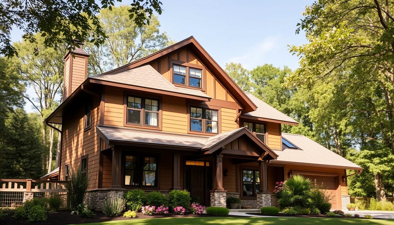 A two-story house with a charming attic dormer, nestled against a backdrop of lush greenery. The facade features warm, earthy tones and rustic architectural details, creating a welcoming, traditional aesthetic. Sunlight filters through large windows, casting a soft, inviting glow throughout the interior. The roofline is a harmonious blend of sleek, modern lines and classic pitched roof design, adding depth and visual interest. The landscaping incorporates carefully selected flora, complementing the home's natural surroundings. This image captures the essence of a spacious, tranquil residence with a sophisticated, countryside-inspired charm.