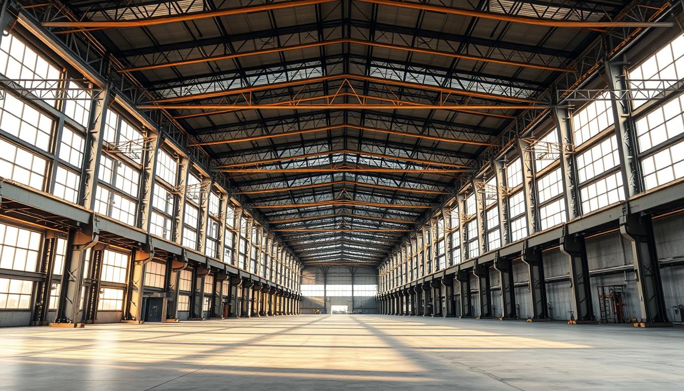 A vast, well-lit industrial interior featuring a meticulously engineered steel frame structure that forms the backbone of a modern, spacious manufacturing hall. The sturdy, interlocking beams and columns cast dynamic shadows on the smooth concrete floor, conveying a sense of strength and stability. Diffused natural light streams in through expansive windows, illuminating the metallic components with a warm, golden glow. The overall atmosphere is one of precision, efficiency, and the promise of reliable, high-quality performance - perfectly capturing the advantages of investing in a robust, state-of-the-art steel framework for an industrial building. A vast, well-lit industrial interior featuring a meticulously engineered steel frame structure that forms the backbone of a modern, spacious manufacturing hall. The sturdy, interlocking beams and columns cast dynamic shadows on the smooth concrete floor, conveying a sense of strength and stability. Diffused natural light streams in through expansive windows, illuminating the metallic components with a warm, golden glow. The overall atmosphere is one of precision, efficiency, and the promise of reliable, high-quality performance - perfectly capturing the advantages of investing in a robust, state-of-the-art steel framework for an industrial building.