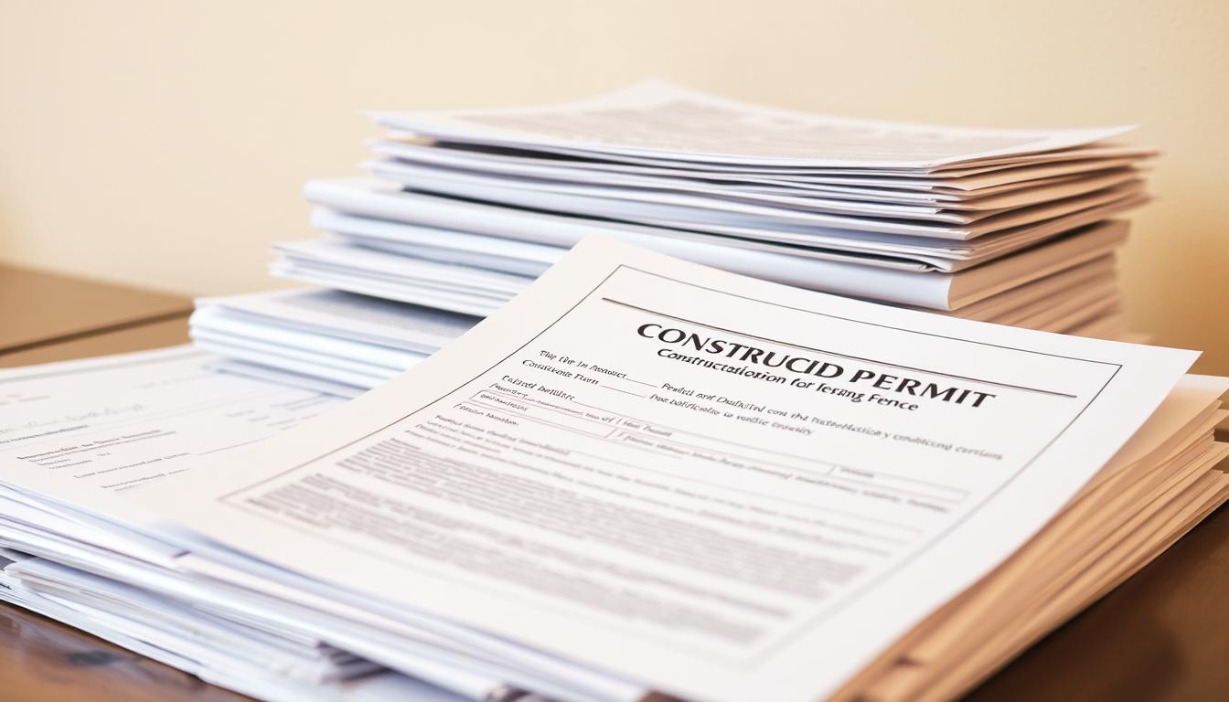 A well-organized office setting with a neatly arranged stack of documents, including forms, contracts, and certificates. The documents are presented against a neutral background, with soft, warm lighting illuminating their details. The composition emphasizes the importance and formality of the necessary paperwork for obtaining a construction permit for a fence, conveying a sense of professionalism and attention to detail. The image should capture the essential elements required for the construction authorization process, visually supporting the article's subject and section title. A well-organized office setting with a neatly arranged stack of documents, including forms, contracts, and certificates. The documents are presented against a neutral background, with soft, warm lighting illuminating their details. The composition emphasizes the importance and formality of the necessary paperwork for obtaining a construction permit for a fence, conveying a sense of professionalism and attention to detail. The image should capture the essential elements required for the construction authorization process, visually supporting the article's subject and section title.