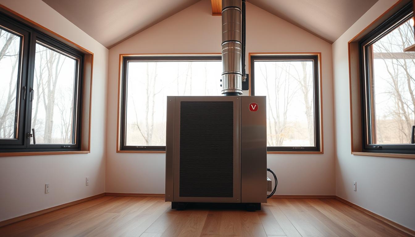 Prompt A modern, energy-efficient HRV (Heat Recovery Ventilation) system in a minimalist, well-insulated passive house interior. The system is prominently displayed, with clean lines and sleek metal housing. Warm, diffused lighting illuminates the scene, casting a cozy glow. The HRV unit is the focal point, surrounded by high-performance windows that allow natural light to flood the space. The overall atmosphere conveys efficiency, comfort, and environmental consciousness. The scene is captured from a slightly elevated angle, emphasizing the integration of the HRV system into the architectural design. Prompt A modern, energy-efficient HRV (Heat Recovery Ventilation) system in a minimalist, well-insulated passive house interior. The system is prominently displayed, with clean lines and sleek metal housing. Warm, diffused lighting illuminates the scene, casting a cozy glow. The HRV unit is the focal point, surrounded by high-performance windows that allow natural light to flood the space. The overall atmosphere conveys efficiency, comfort, and environmental consciousness. The scene is captured from a slightly elevated angle, emphasizing the integration of the HRV system into the architectural design.