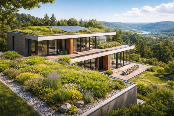 Casa moderna cu acoperis verde extensiv si panouri fotovoltaice, integrata in peisaj natural, exemplu de green roof pentru casa NZEB in Romania.